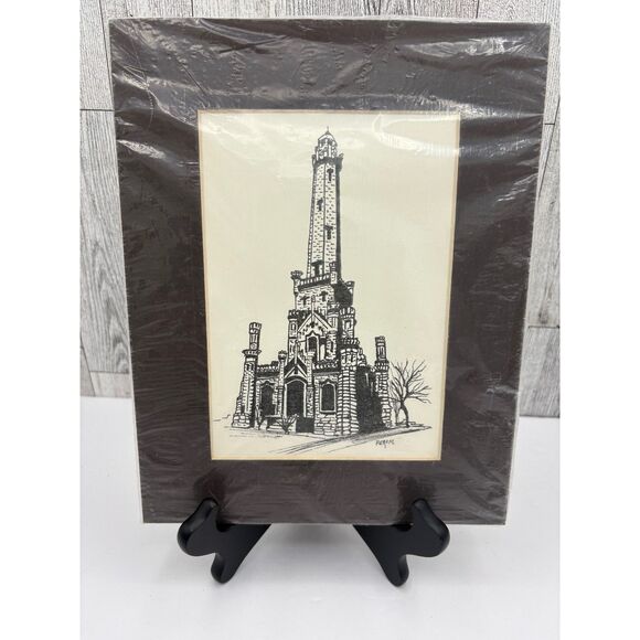 Artist Print Chicago Water Tower Annette Perone Leiber Matted New Black & White - Picture 2 of 5
